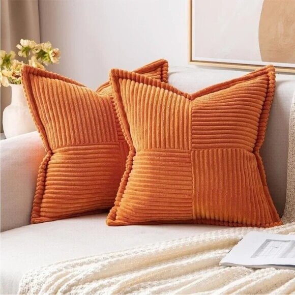 Orange Striped Texture Corduroy Decorative Farmhouse Luxury Soft Pillow CoverSet - Picture 1 of 5